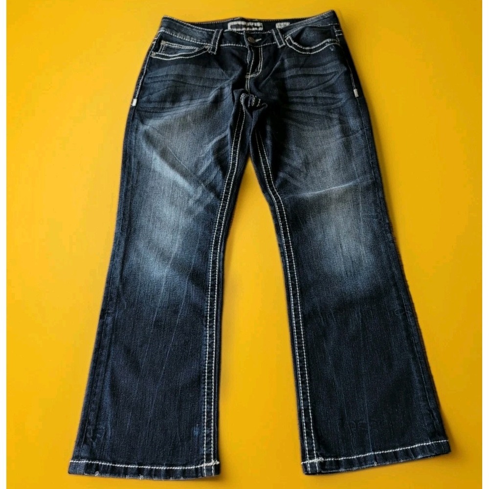 Buckle Indigo Bootcut Jeans with White Stitching